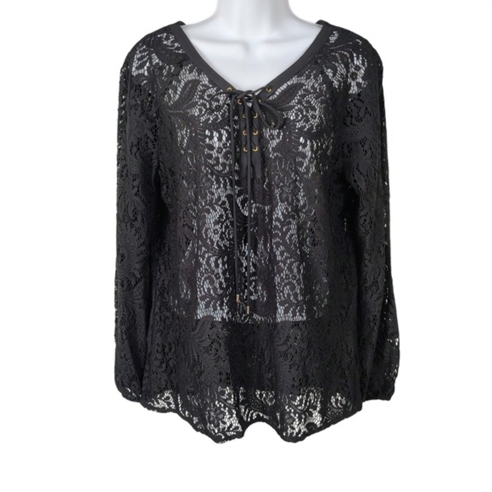 Worthington Black Floral Lace Up V-Neck Sheer Blouse Long Sleeve L whimsigoth‎
